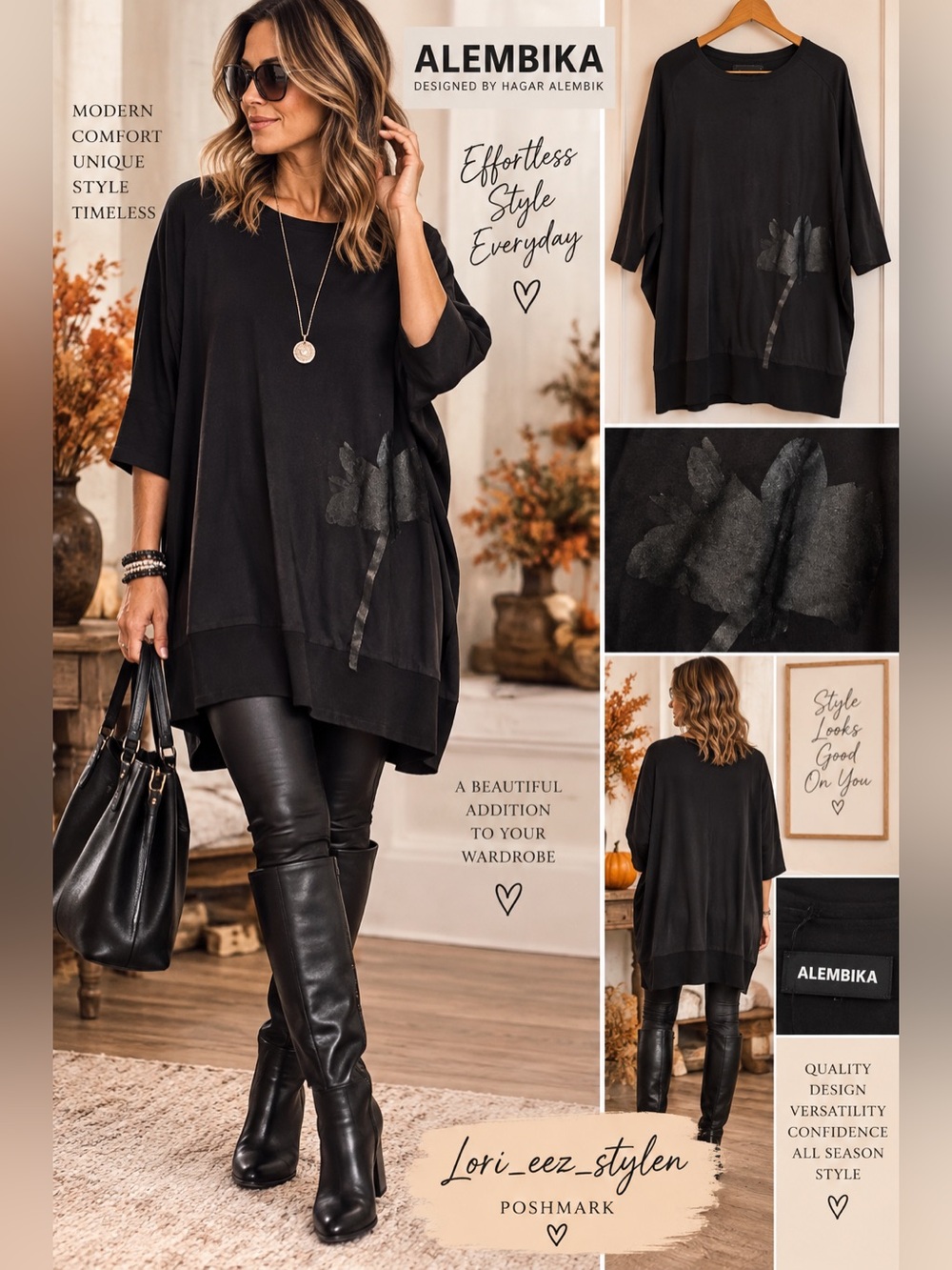 Black Floral-Accent Oversized Scoop-Neck Sweater